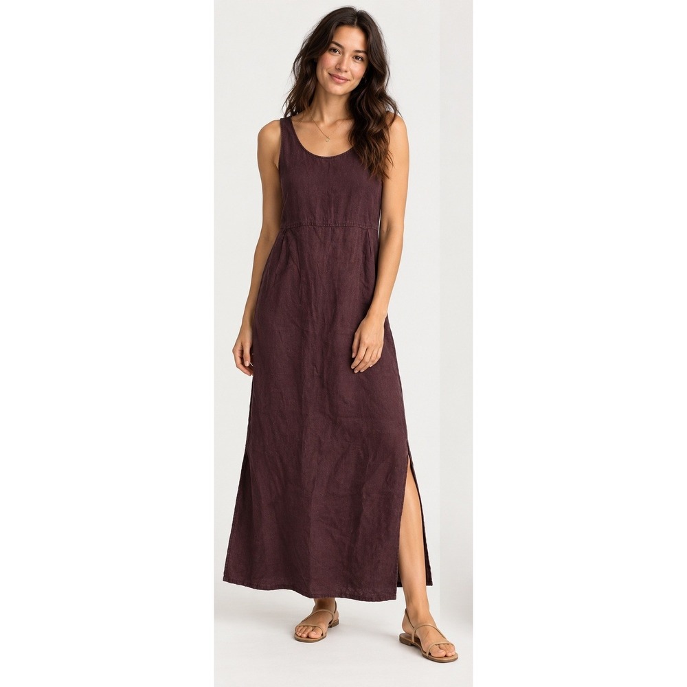 Sybilla 100% Linen Maxi Dress Large Plum Brown Tie Back Minimalist Boho